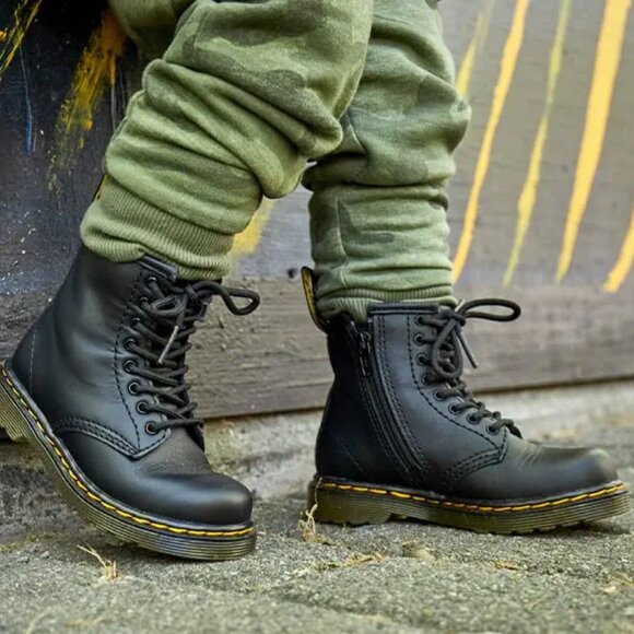 Dr. Martens 1460J Toddler Black Soft Leather Lace-Up Zip Ankle Combat Boots - Picture 1 of 14
